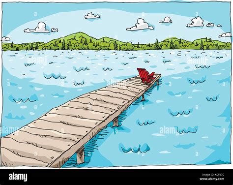 Cartoon Of A Chair Sitting At The End Of A Long Dock On A Lake On A