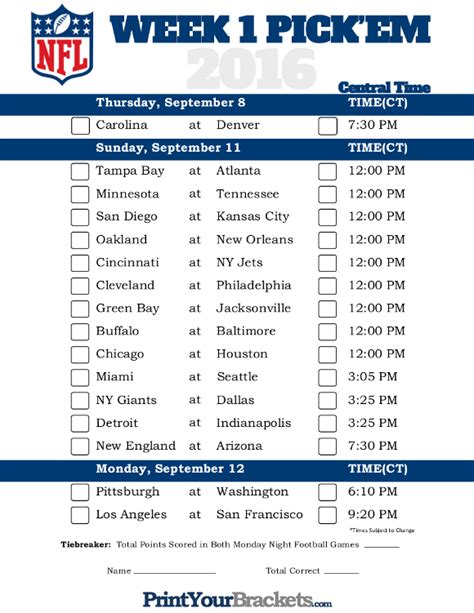 Play nfl pick 'em, the official predictor game of the nfl. Central Time Week 1 NFL Schedule 2016 - Printable