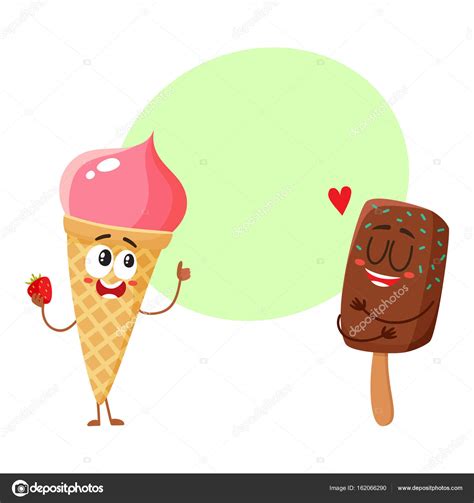Two Funny Ice Cream Characters Strawberry Cone And Chocolate Popsicle