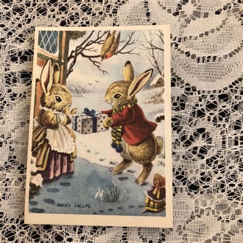 Vintage Greeting Card Christmas Racey Helps Bunny Rabbits Ts 199