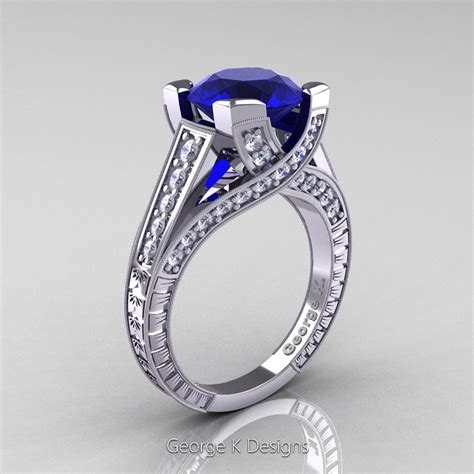 Classic 14k White Gold 30 Ct Blue Sapphire Diamond Engagement Ring