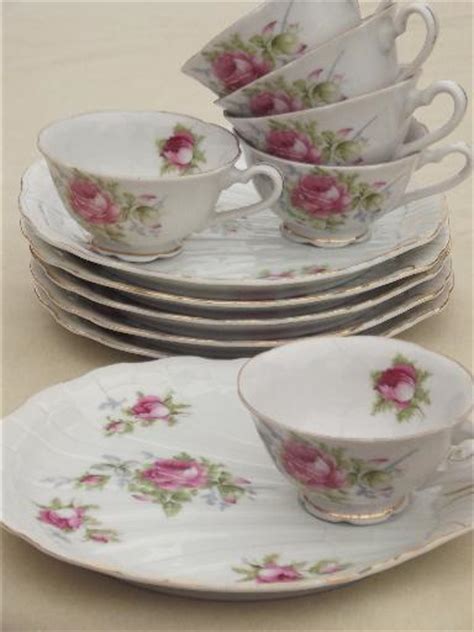 Vintage Lefton China Snack Sets Hand Painted Pink Roses Tea Cups And Trays