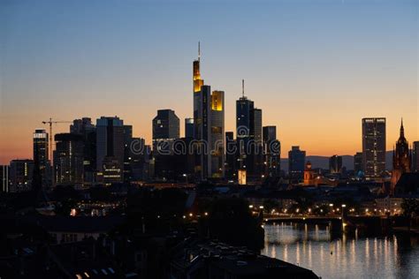 Illuminated Skyscrapers In Frankfurt Am Main In The Evening Stock Image