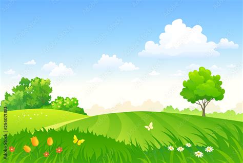 Vector Cartoon Drawing Of A Spring Pasture Green Field Landscape Stock
