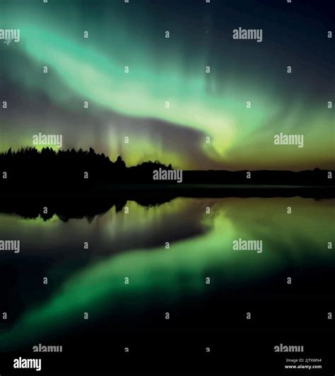 Northern Lights Forest Lake And Reflection Stock Vector Image And Art