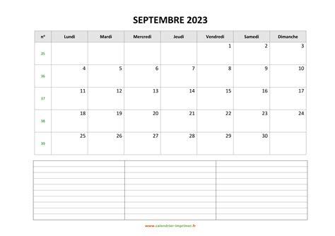 Calendrier Septembre 2023 à Imprimer