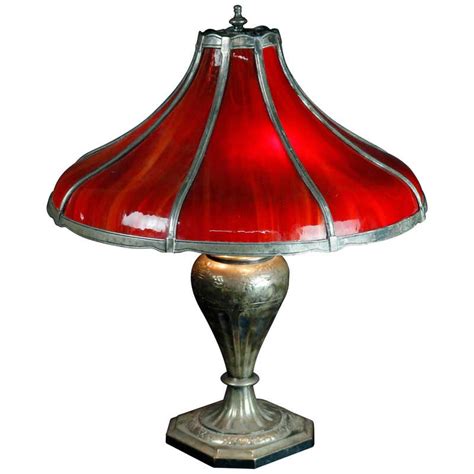 Antique Arts And Crafts Pairpoint Red Slag Glass Bent Panel Table Lamp