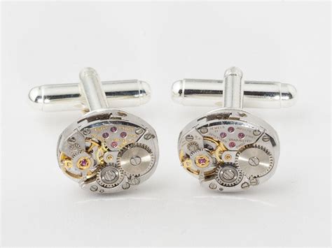 Steampunk Cufflinks Made With Movado Watch Movements Gears And Ruby