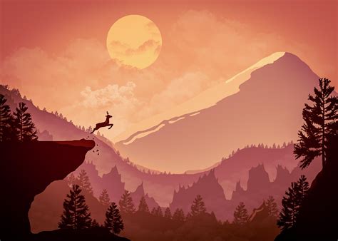 Deer Jumping Out From Mountain Minimalism Wallpaperhd Artist