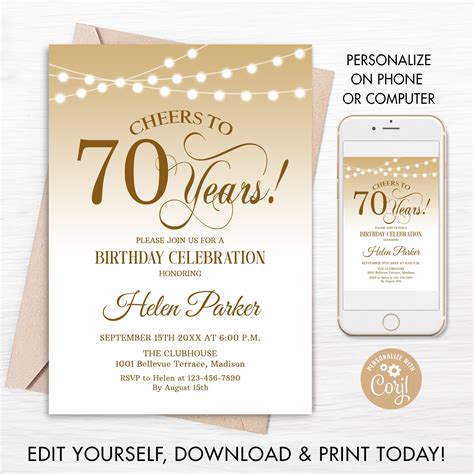 Editable 70th Birthday Party Invitation Instant Download Diy Etsy
