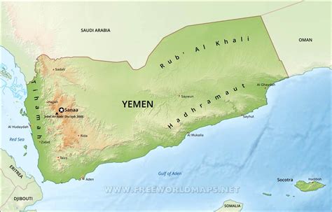 The map shows yemen and neighboring countries with international borders map of yemen, arabian peninsula. Yemen Physical Map