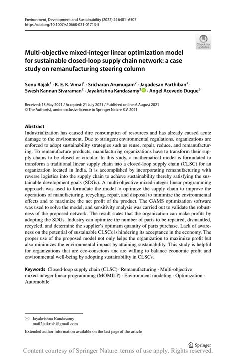 Multi Objective Mixed Integer Linear Optimization Model For Sustainable