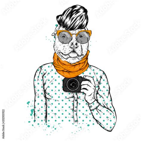 Hipster Dog With Human Body And Camera Animal In Clothes Vector