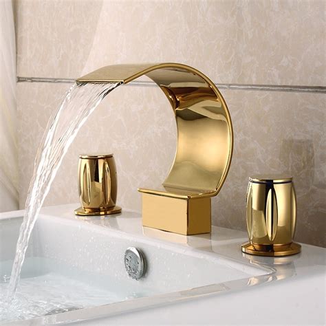 Luxury Mooni Modern Waterfall Widespread 2 Handle Bathroom Sink Faucet In Gold Solid Brassmooni