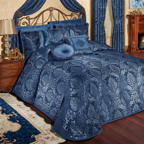 Camelot Navy Damask Quilted Oversized Bedspread Bedding