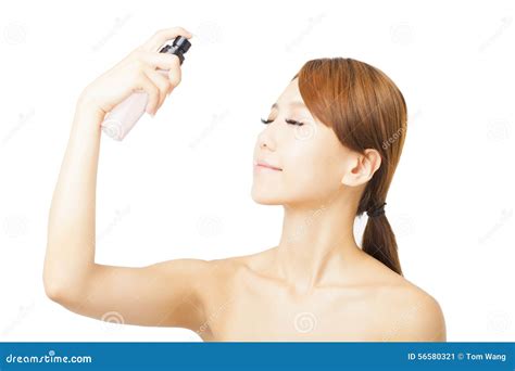 Beautiful Woman Applying Spray Water Stock Image Image Of Freshness Pleasure 56580321