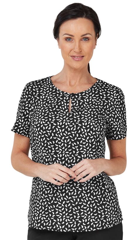 Hattie Black And White Leaf Print Button Neck Shell Top Womens Work