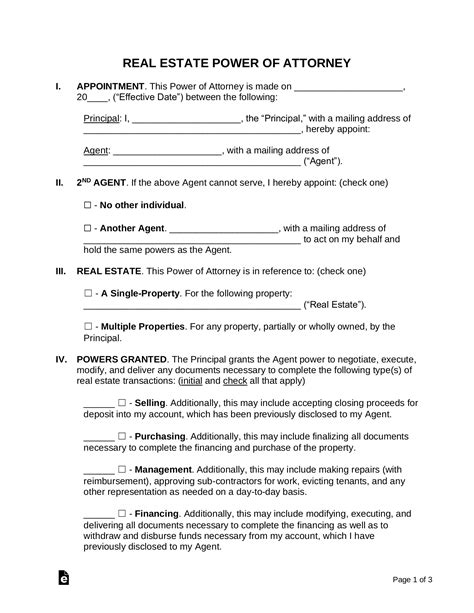 Free Real Estate Power Of Attorney Form Pdf Word Eforms