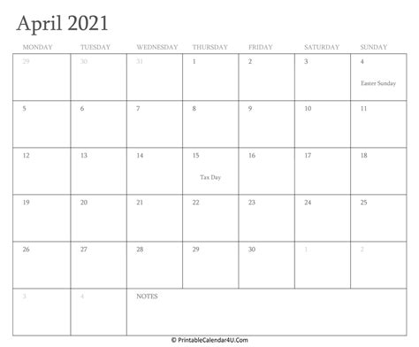 April 2021 Calendar Printable With Holidays