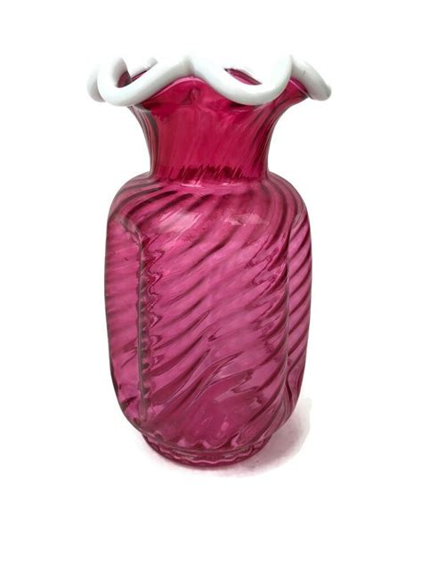 Vintage Fenton Cranberry Glass Pinched Swirled Vase White Snow Crest 7 1 2 B8 Fenton
