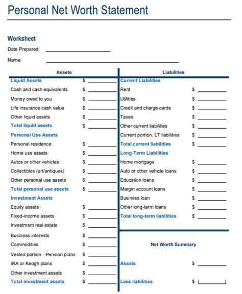 Personal Net Worth Statement Template For Excel Excel Tmp