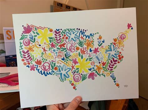 Usa Watercolor Print Floral Map Print Continental Flower Etsy