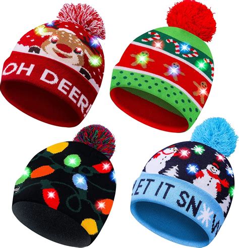 Mgparty 4 Pack Christmas Hat Xmas Led Light Up Beanie Knit
