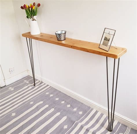 Narrow Rustic Pine Console Table With Hairpin Legs Slimline Hall Tabl