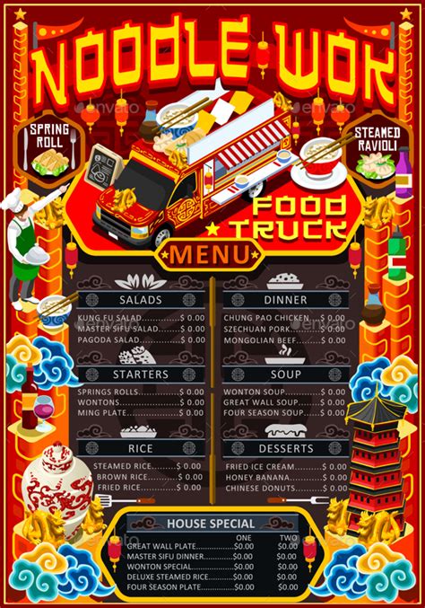 Learn how to design a safe and visually appealing food truck. Food Truck Menu Street Food Chinese Wok Festival Vector ...
