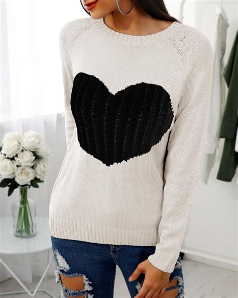 Heart Pattern Long Sleeve Casual Sweater | Casual sweaters women, Long sleeve casual, Casual ...