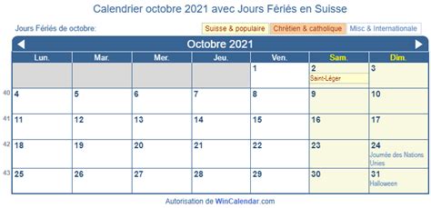 Calendrier Pour Limpression Octobre 2021