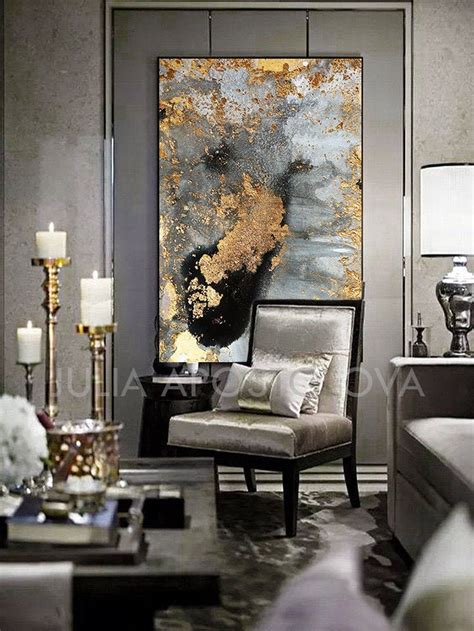 Grey Gold Black And Gold Leaf Large Luxury Wall Art Canvas Print Etsy