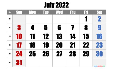 Free July 2022 Calendar With Week Numbers