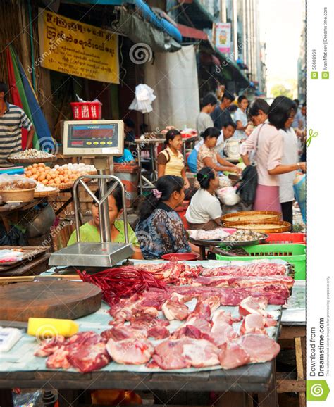 Street Market In Yangon Editorial Stock Image Image Of Meat 58608969