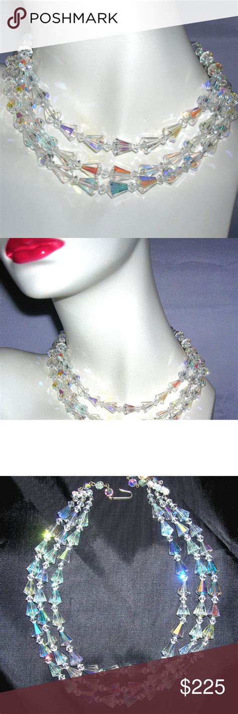 3 Strand Swarovski Crystal Ab Cone Bead Necklace Gorgeous Unique Rare