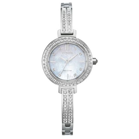 ladies citizen eco drive silhouette crystal accent bangle watch with mother of pearl dial