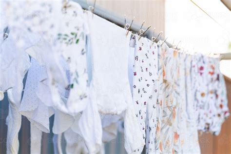 Image Of Baby Clothes Cloth Nappy Inserts Hanging On Washing Line With
