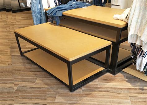 2 Layer Retail Clothing Display Shelves Wood Nesting Table Mdf Oak Veneer