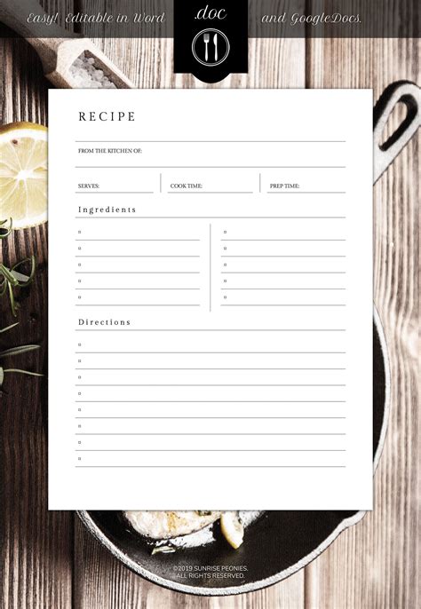 Editable Recipe Template 85 X 11 Word Etsy Cookbook Template