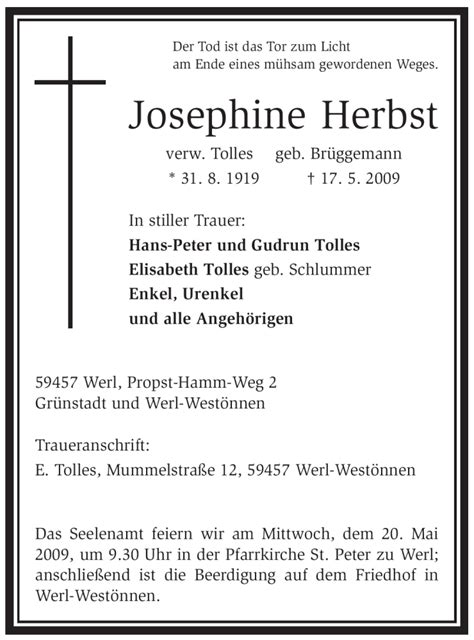 Traueranzeigen Von Josephine Herbst Trauer In Nrwde