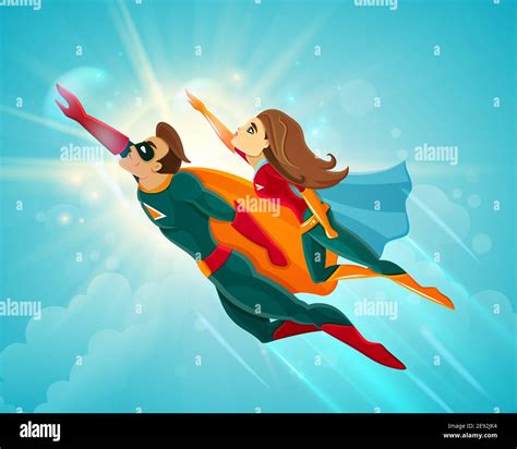 Super Heroes Couple Man And Woman Flying Together In Blue Sky Vector