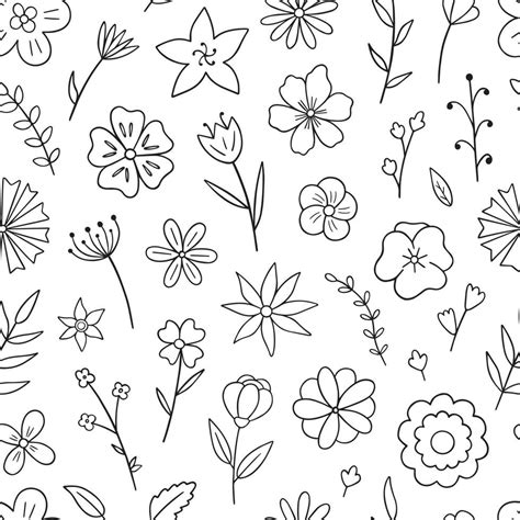 Hand Drawn Seamless Pattern Of Flowers And Branches Doodle Floral And
