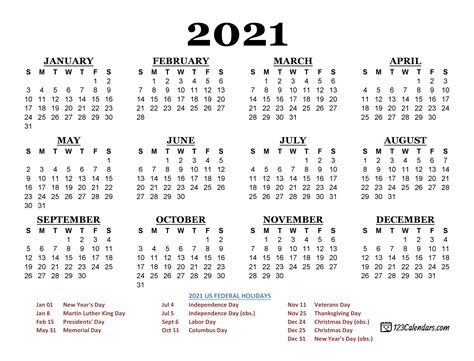 Choose your sunday or monday start calendar and. 2021 Printable Calendar | 123Calendars.com