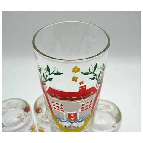 Vintage Six Glasses With Decals Of Cottages By Libbey 1960s Good Ruby