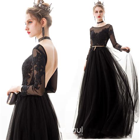Affordable Black Backless See Through Evening Dresses 2019
