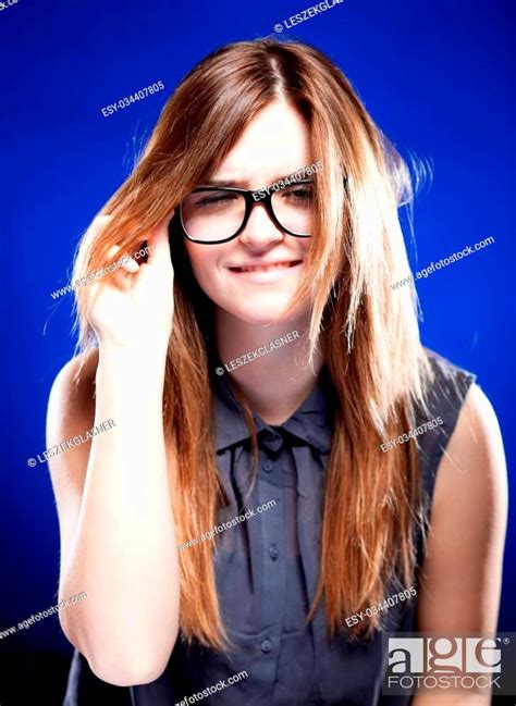 Strict Young Woman With Large Nerd Glasses Giddy Grimace Stock Photo
