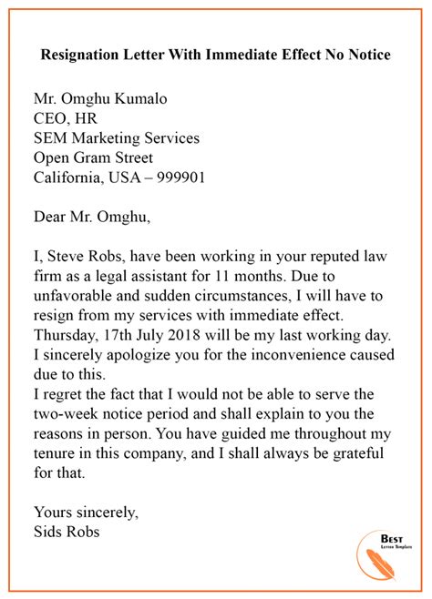 My last working day will be today, date and. Sample Resignation Letter Template With & Without Notice ...