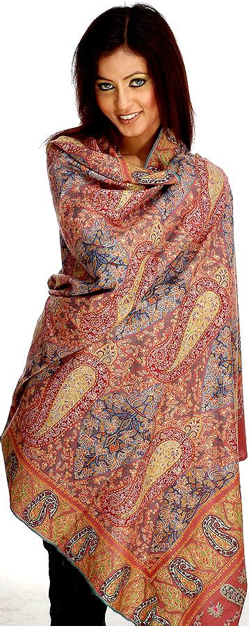 Chestnut Pure Pashmina Shawl With All Over Dense Kashmiri Embroidery By