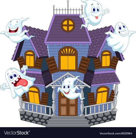 Cartoon Scary Halloween House With Funny Ghosts Vector Image