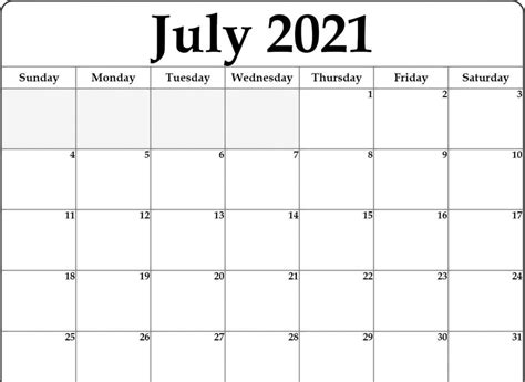 Get Free Editable July 2021 Calendar Template Blank Word Landscape A4